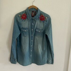 Johnny Was 3J Workshop stretch flower embroidered denim snap shirt